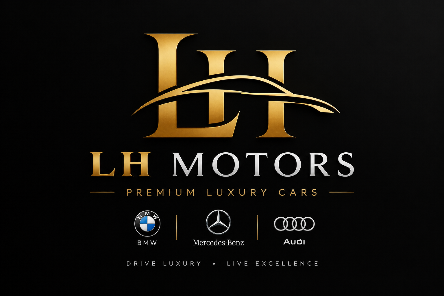 LH Motors luxury car dealership logo in gold and silver on a black background, featuring an LH monogram and premium luxury car branding.